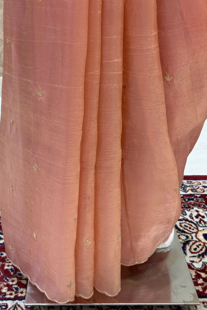 Peach Shimmer Tissue Saree with Scalloped Zari Border