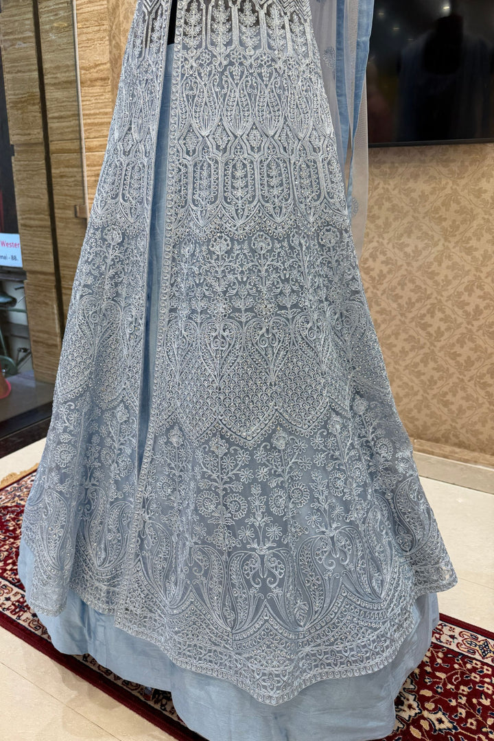 Sea Blue Zari Thread and Stone work Mastani Styled Long Top Lehenga