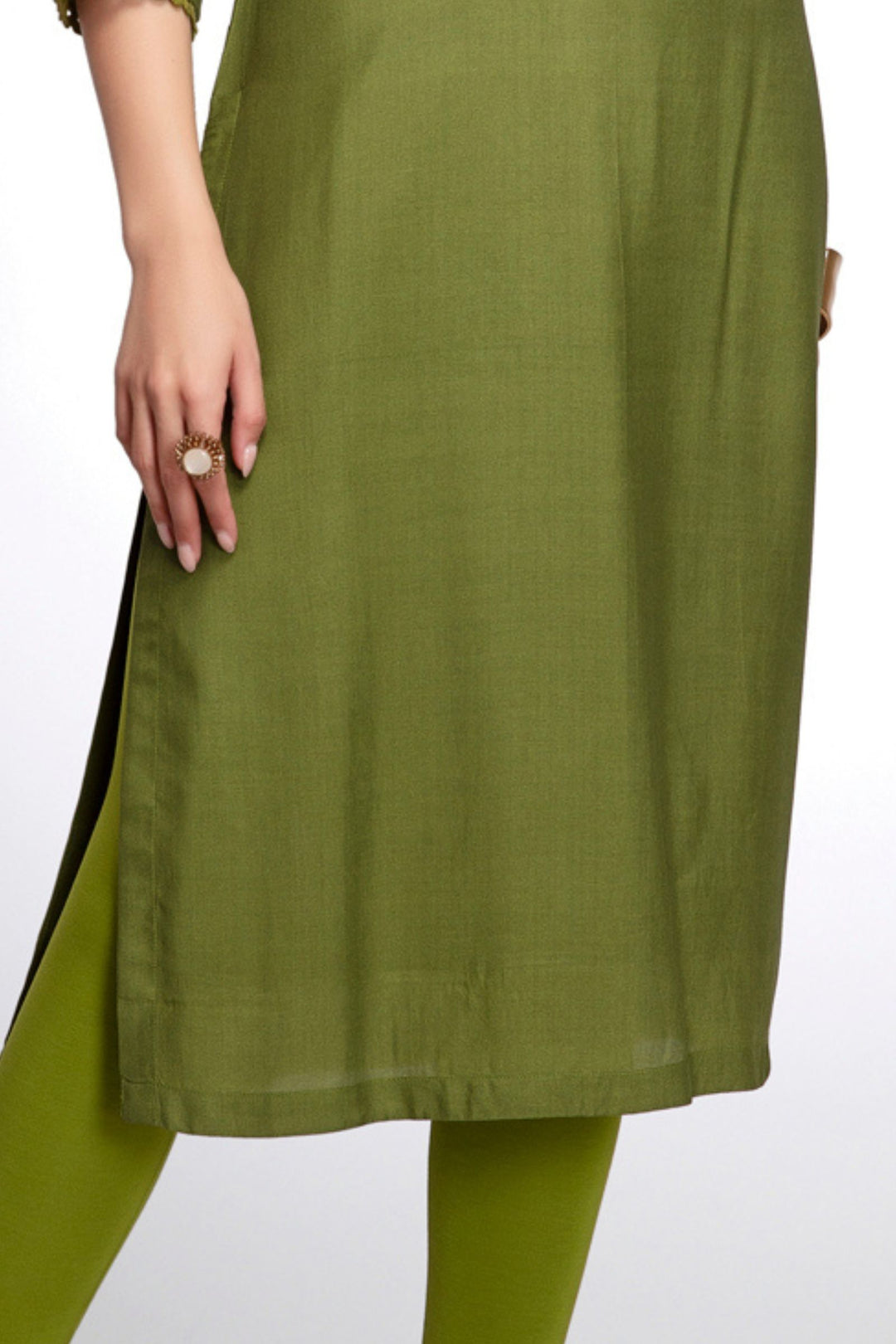 Green Zari and Thread work with Floral Print Calf Length Kurti
