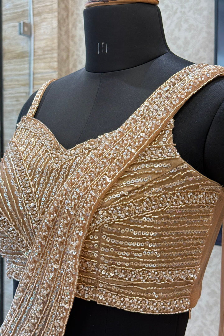 Champagne Gold Beads and Sequins work Draped Half Saree Lehenga Set