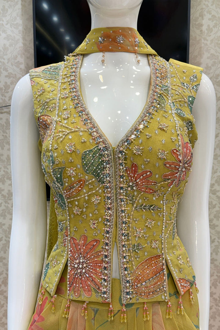 Lemon Green Indo-Western Styled Halter Neck Top and Cowl Skirt