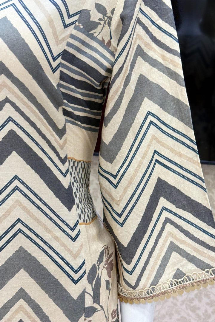 Cream Sequins, Beads and Zardozi work with Zig Zag Stripes Straight Cut Salwar Suit