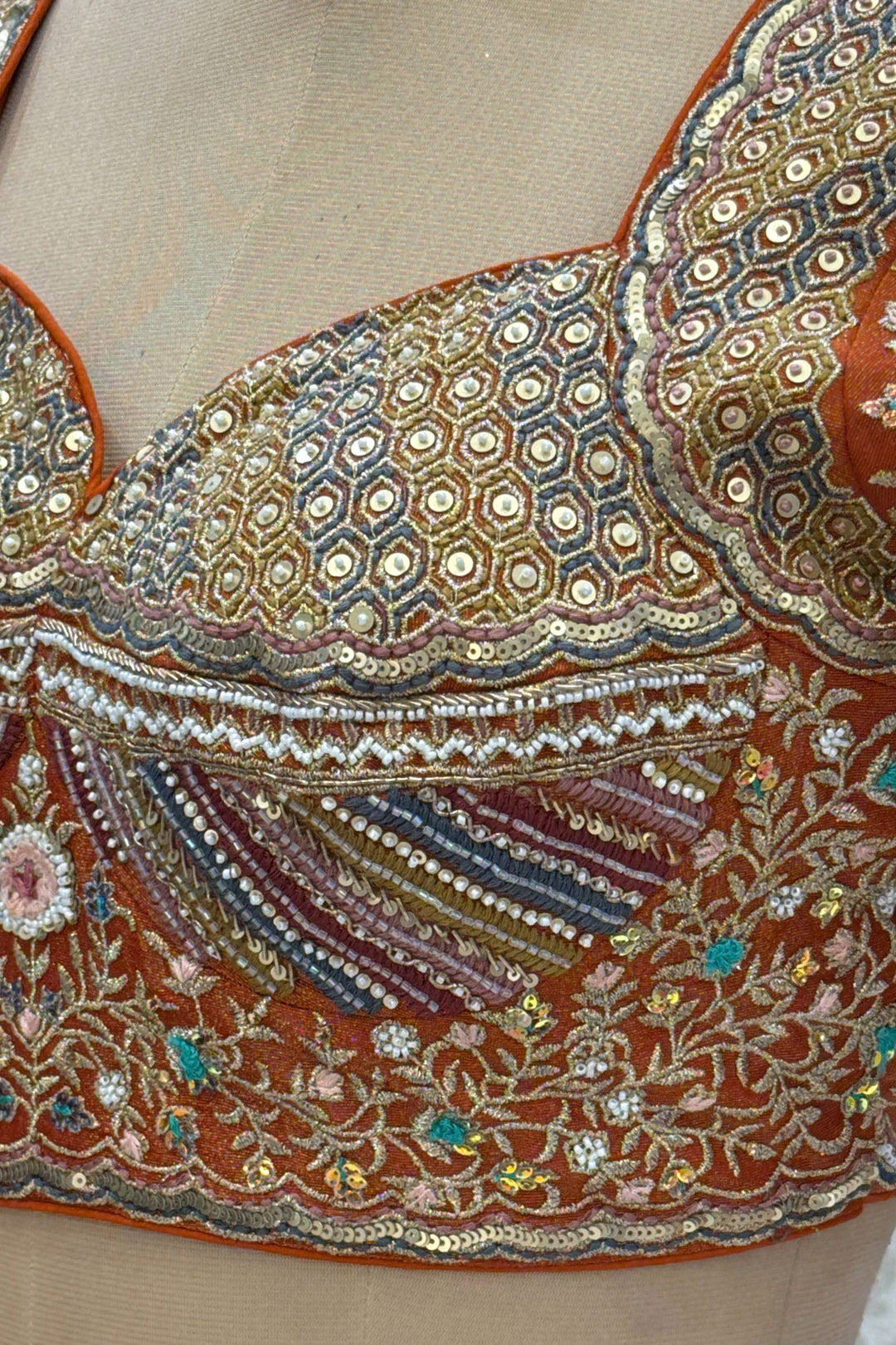 Orange Zari, Sequins, Beads and Multicolor Thread work Crop Top Lehenga