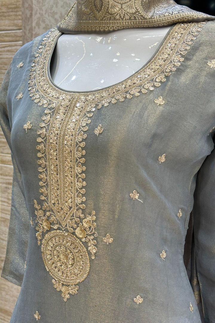 Grey Sequins, Zari and Banaras work Straight Cut Salwar Suit