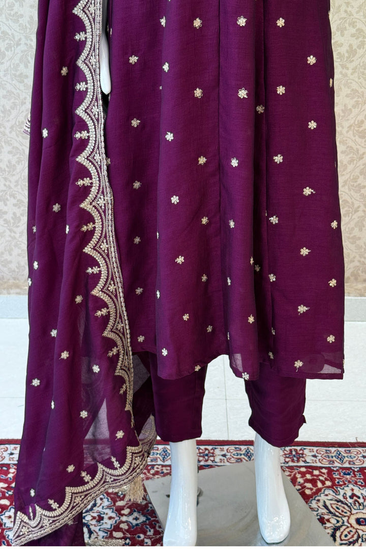 Wine Zari, Zardozi, Sequins and Stone work A-line Cut Salwar Suit