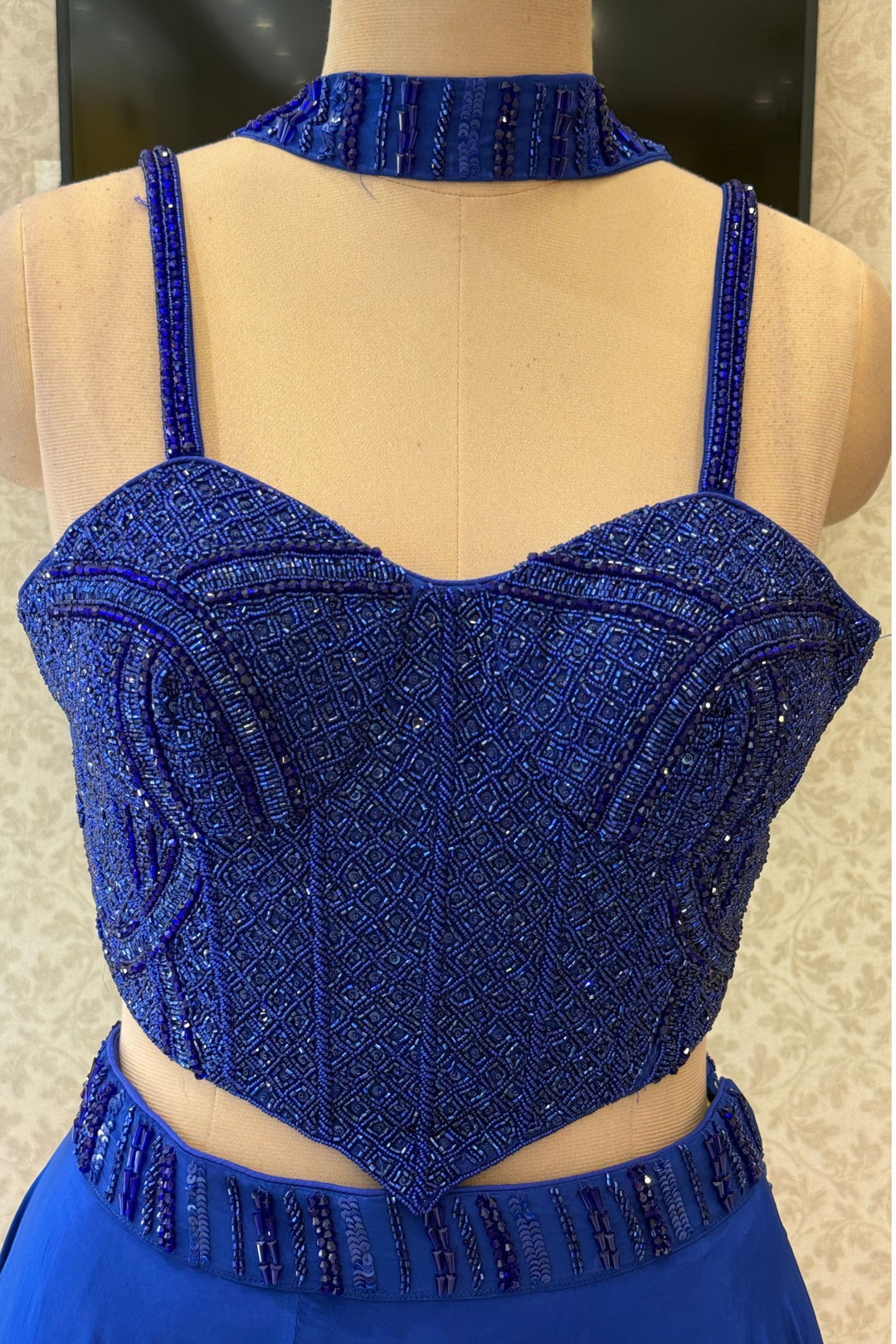 Royal Blue Beads and Sequins work Crop Top Lehenga