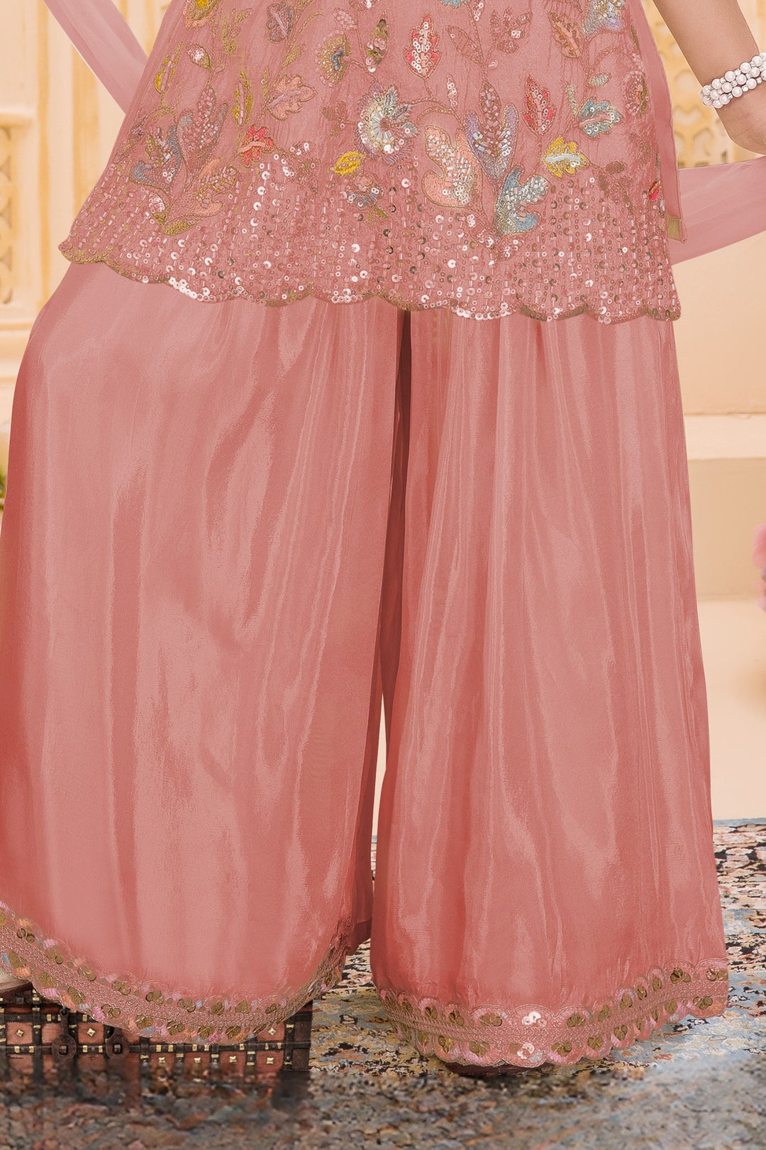 Peach Sequins, Zari and Multicolor Thread work Palazzo Suit Set for Girls