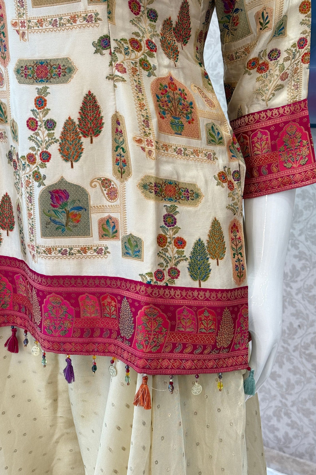 Beige Beads, Mirror, Zardozi and Banaras work Palazzo Salwar Suit