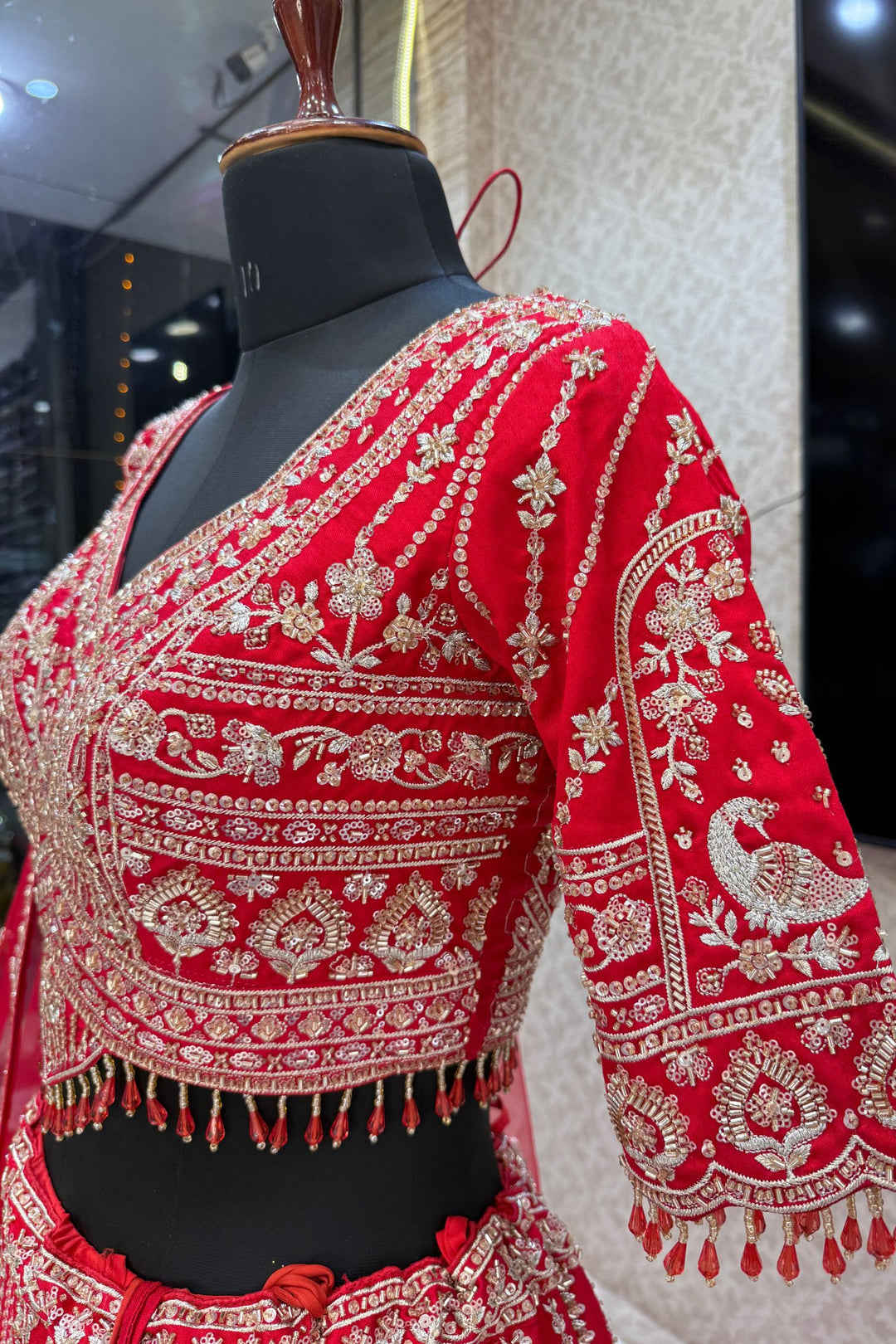 Red Beads, Zari, Zardozi, Thread and Sequins work Crop Top Designer Bridal Lehenga
