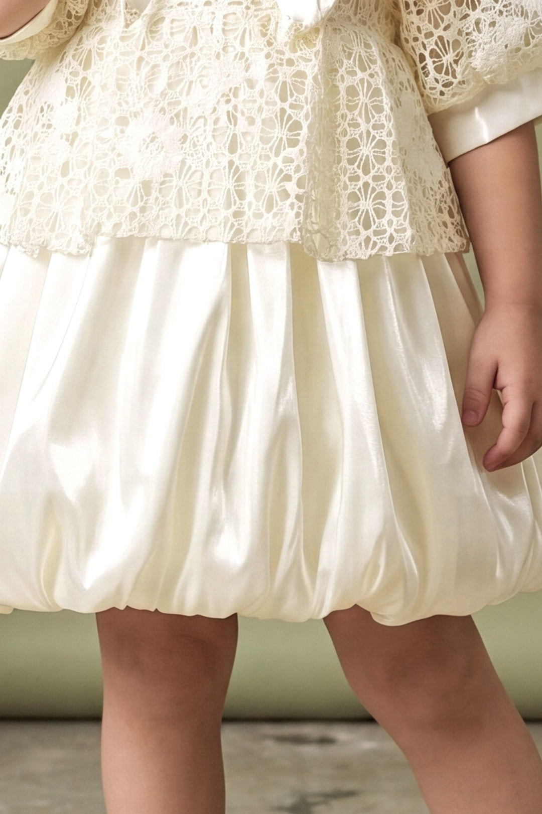Cream Lace Bubble Hem Short Frock for Girls