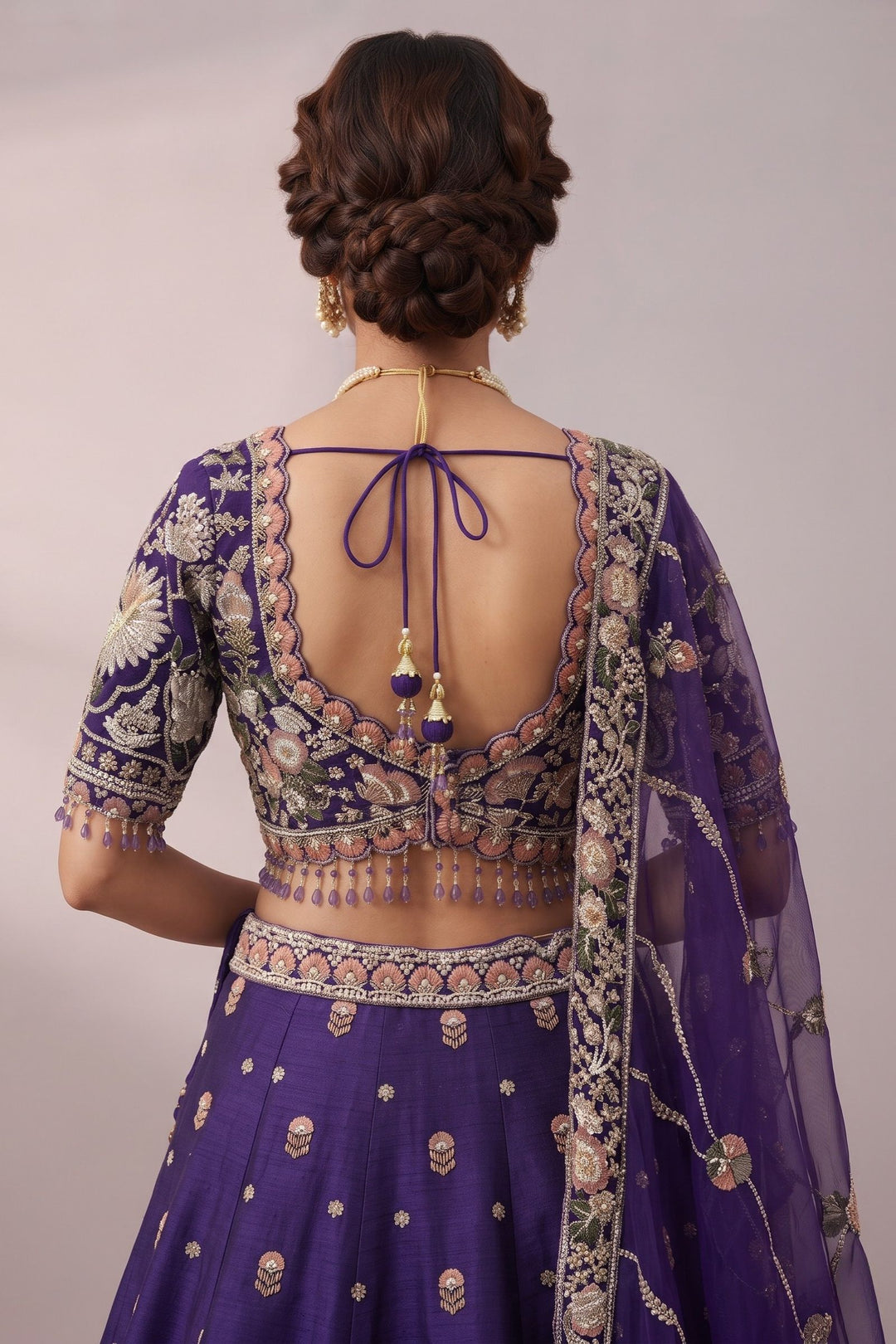 Purple Bridal Lehenga Set with Intricate Zari, Sequins, Beads and Floral Embroidery