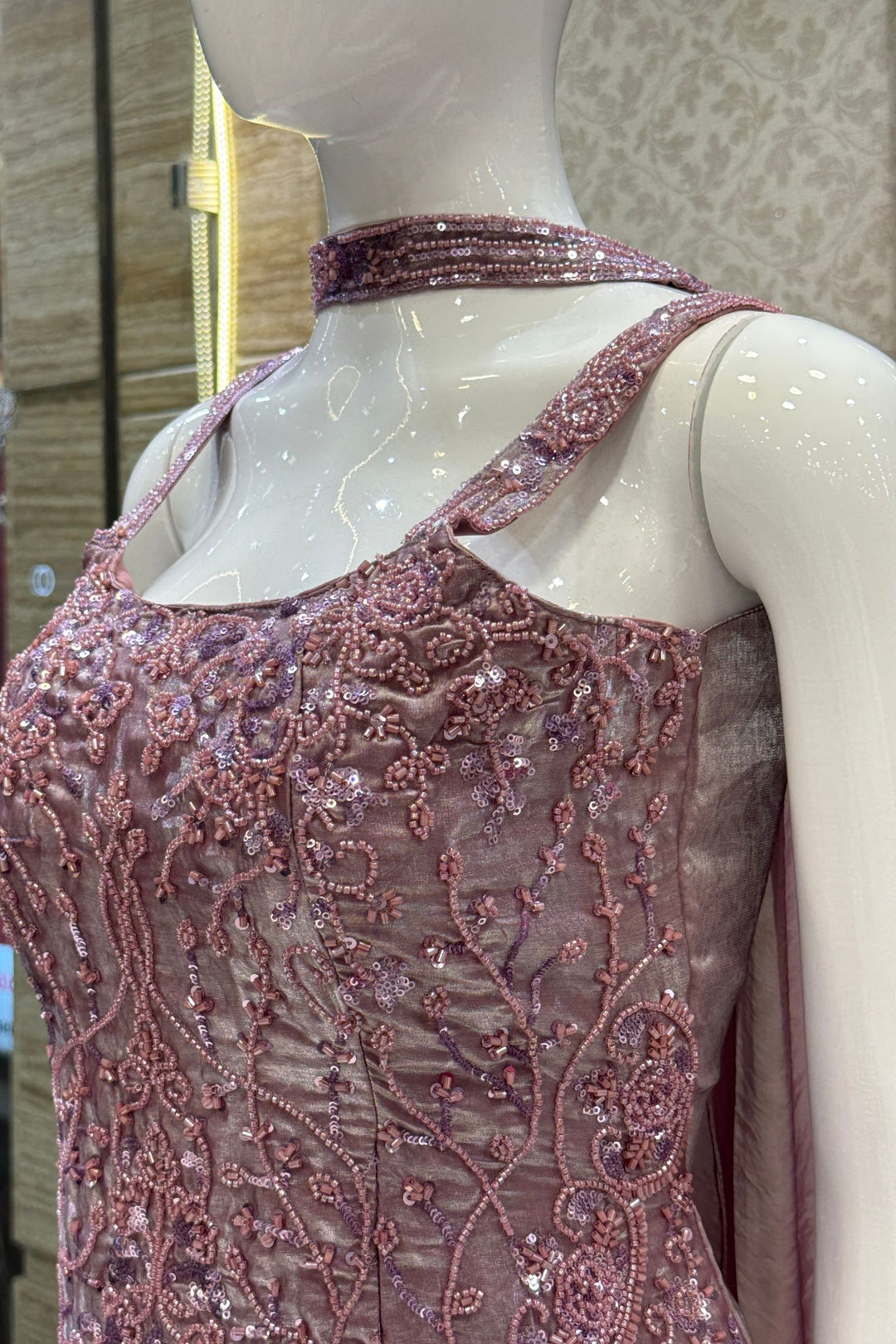 Onion Pink Peplum Palazzo Set with Intricate Beads and Sequins work