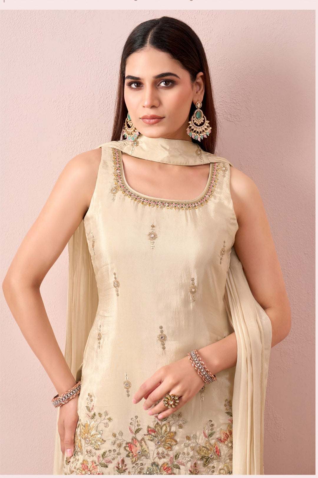Cream Zari, Sequins, Beads and Mirror work with Floral Print Palazzo Salwar Suit