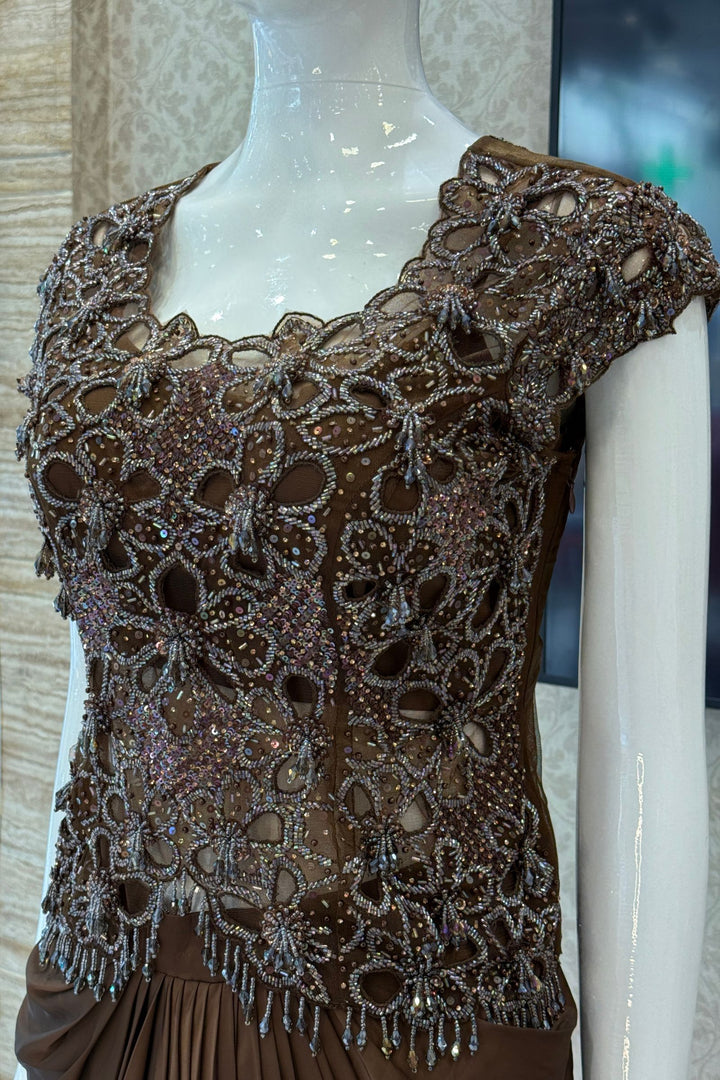 Brown Indo-Western Styled Beads and Sequins work Top and Cowl Skirt