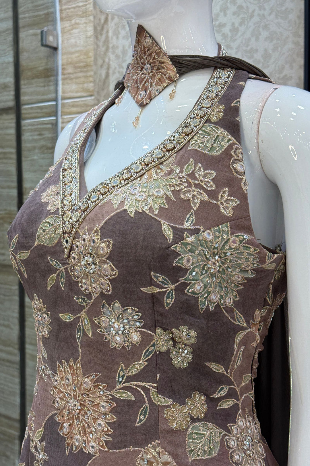 Brown Zari, Beads, Mirror and Zardozi work Palazzo Salwar Suit