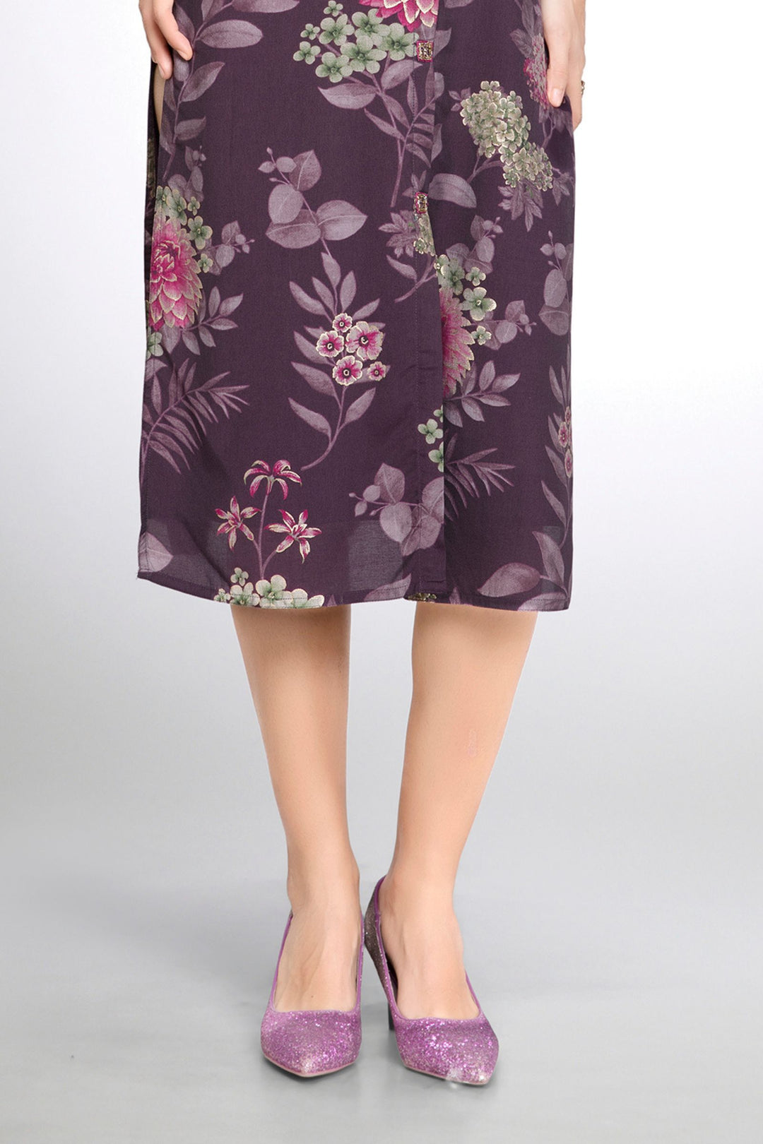 Wine Floral Print Calf Length Kurti