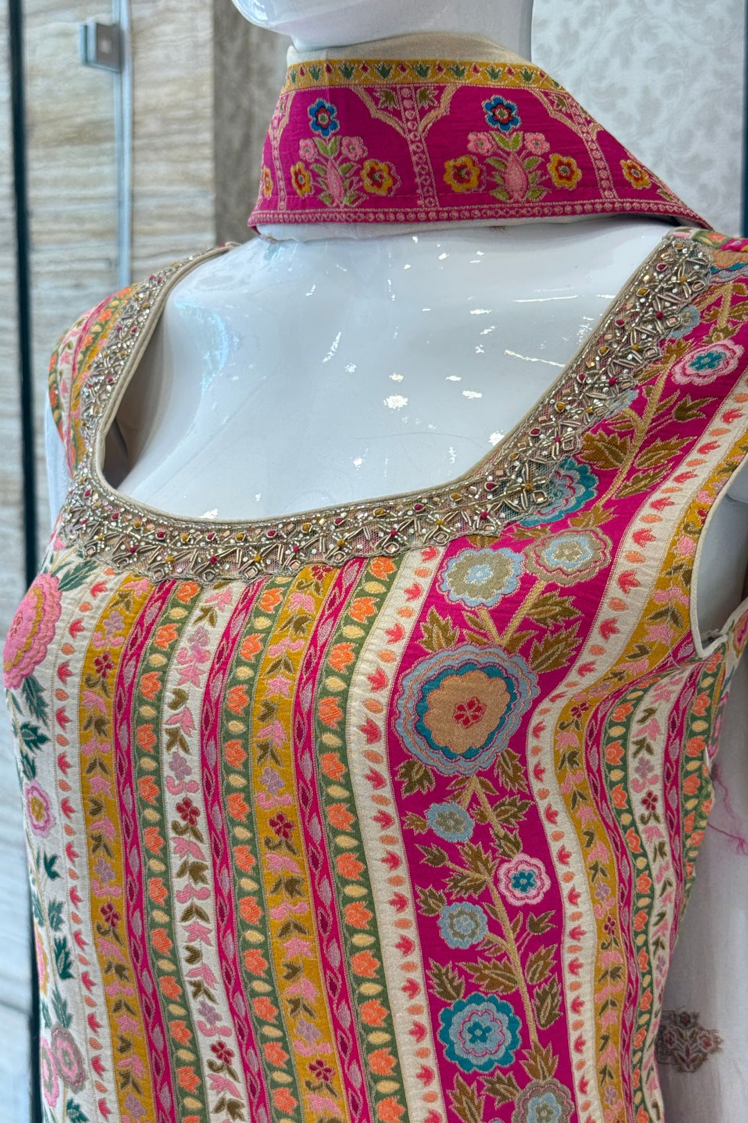 Beige Banaras, Beads and Zardozi work with Multicolor Digital Print Straight Cut Salwar Suit