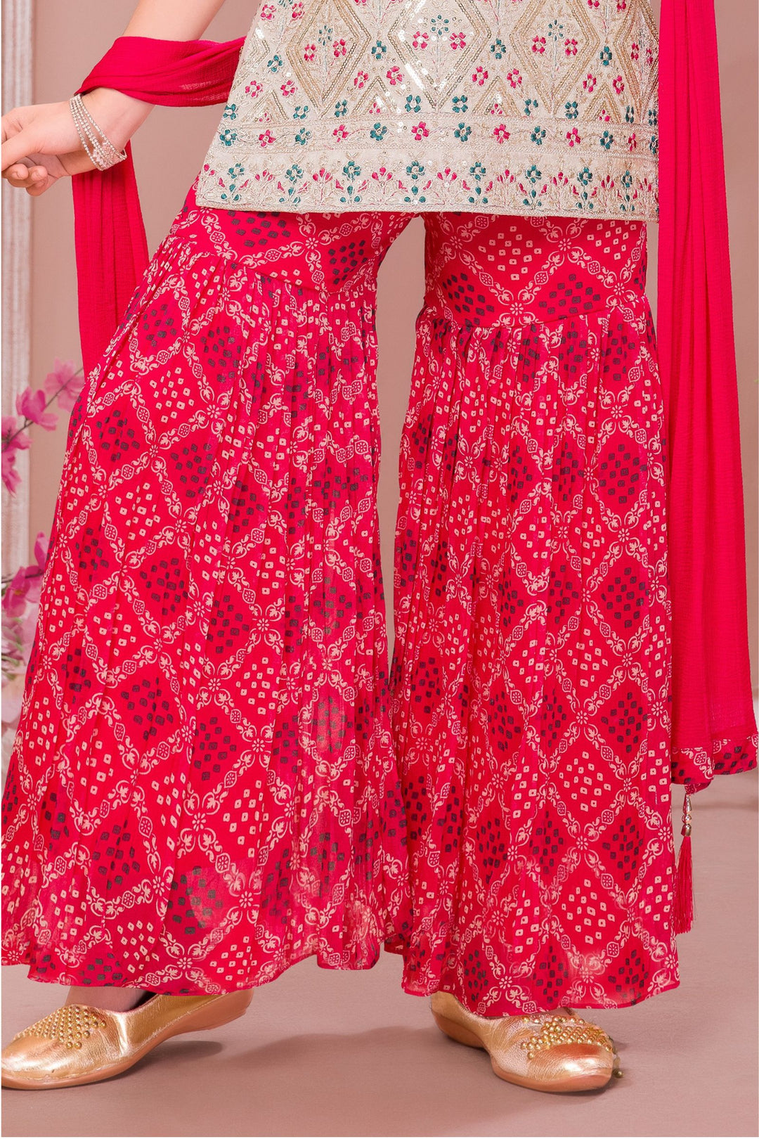 Cream with Pink Mirror, Zari and Thread work with Digital Print Sharara Suit Set for Girls