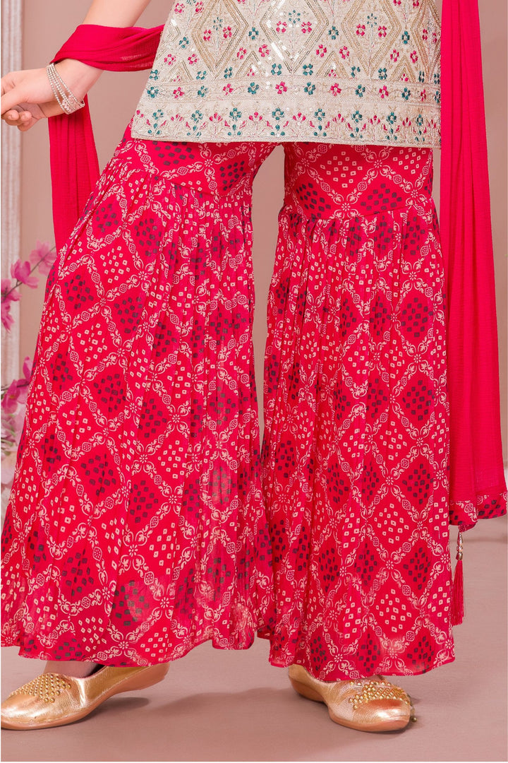 Cream with Pink Mirror, Zari and Thread work with Digital Print Sharara Suit Set for Girls
