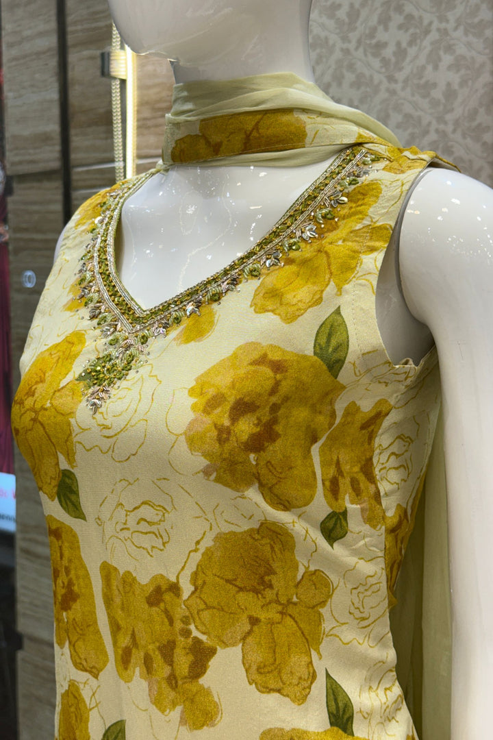 Beige with Yellow Floral Print with Zardozi and Mirror work Straight Cut Salwar Suit