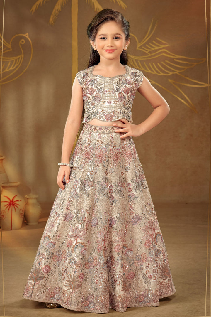 Sandal Multicolor Thread, Sequins and Zari work Lehenga Choli for Girls