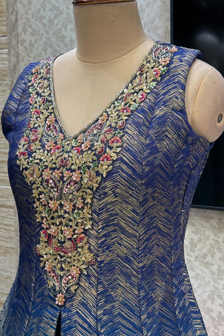 Blue with Rama Green Banaras work Mastani Styled Long Top Lehenga