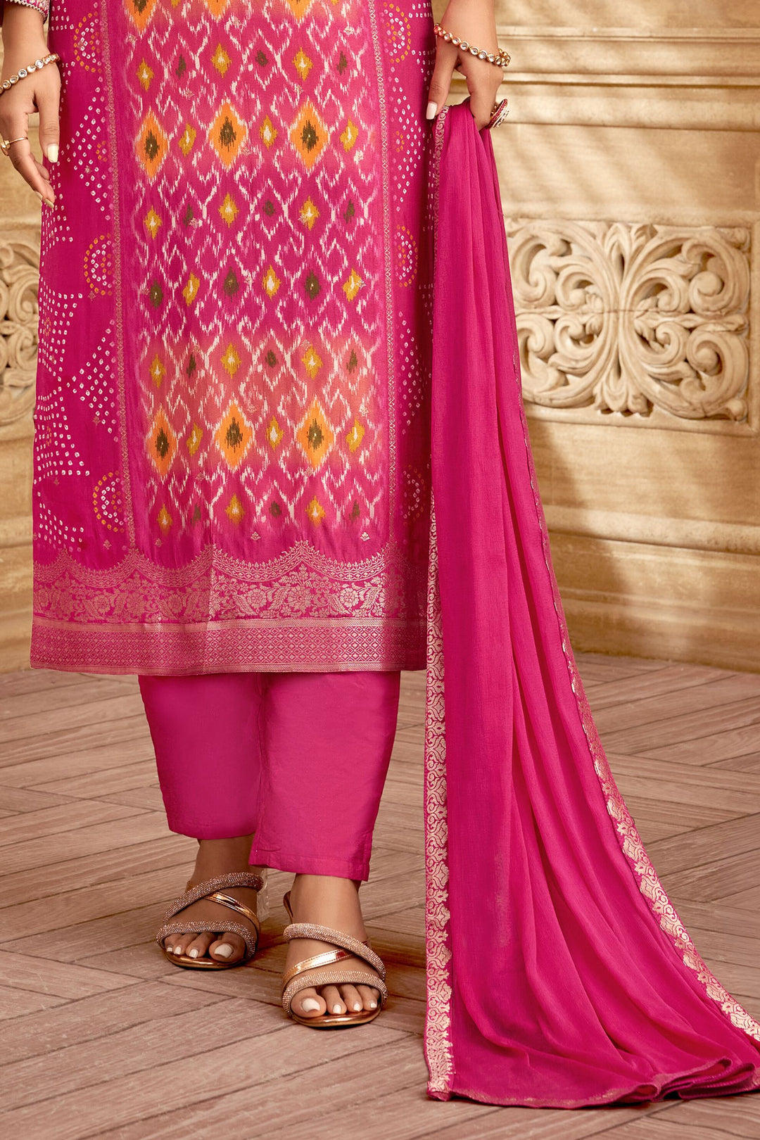 Rani Pink Banaras, Mirror and Zardozi work with Bandini Print Straight Cut Salwar Suit