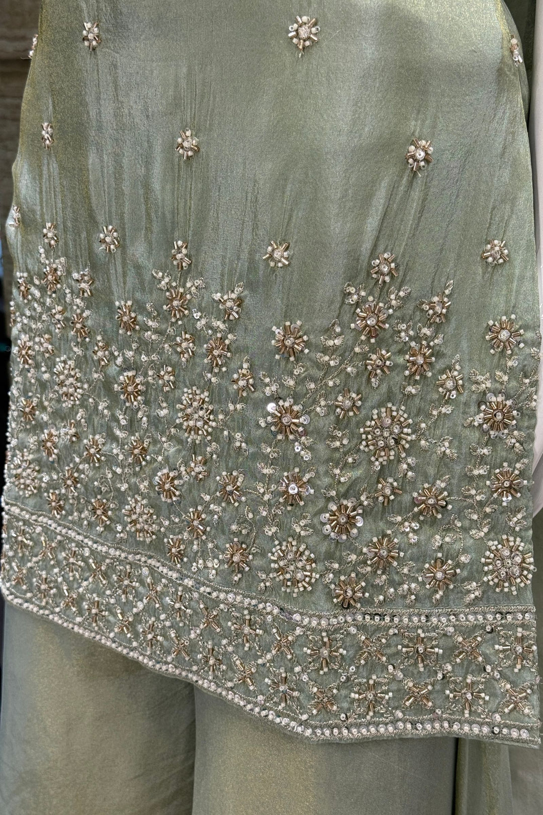 Light Pista Green Beads, Zari and Sequins work Top with Flared Palazzo Set
