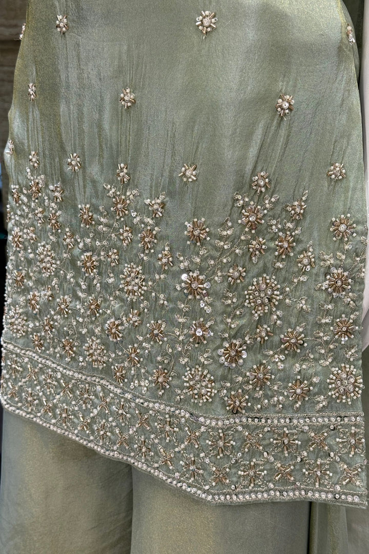Light Pista Green Beads, Zari and Sequins work Top with Flared Palazzo Set