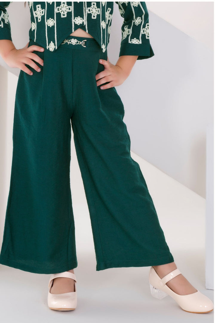 Bottle Green Thread and Sequins work Top with Palazzo Set for Girls