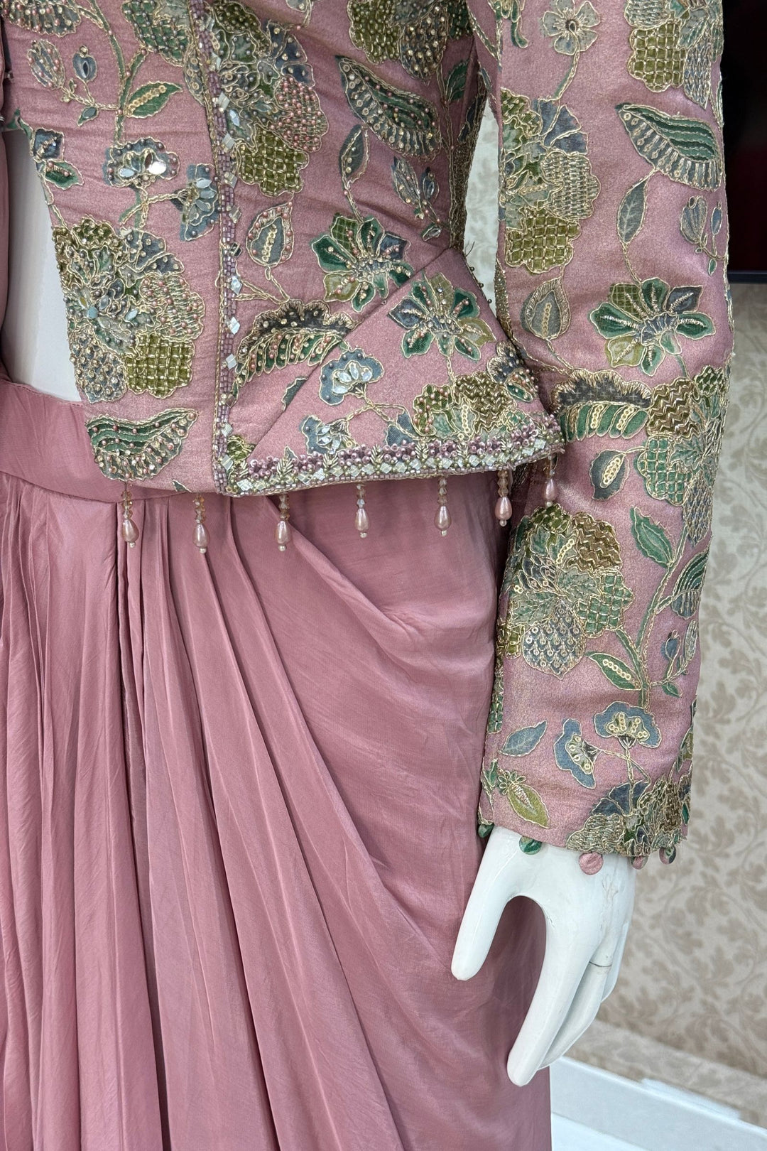 Onion Pink Beads, Zari and Sequins work with Floral Print Crop Top and Cowl Skirt