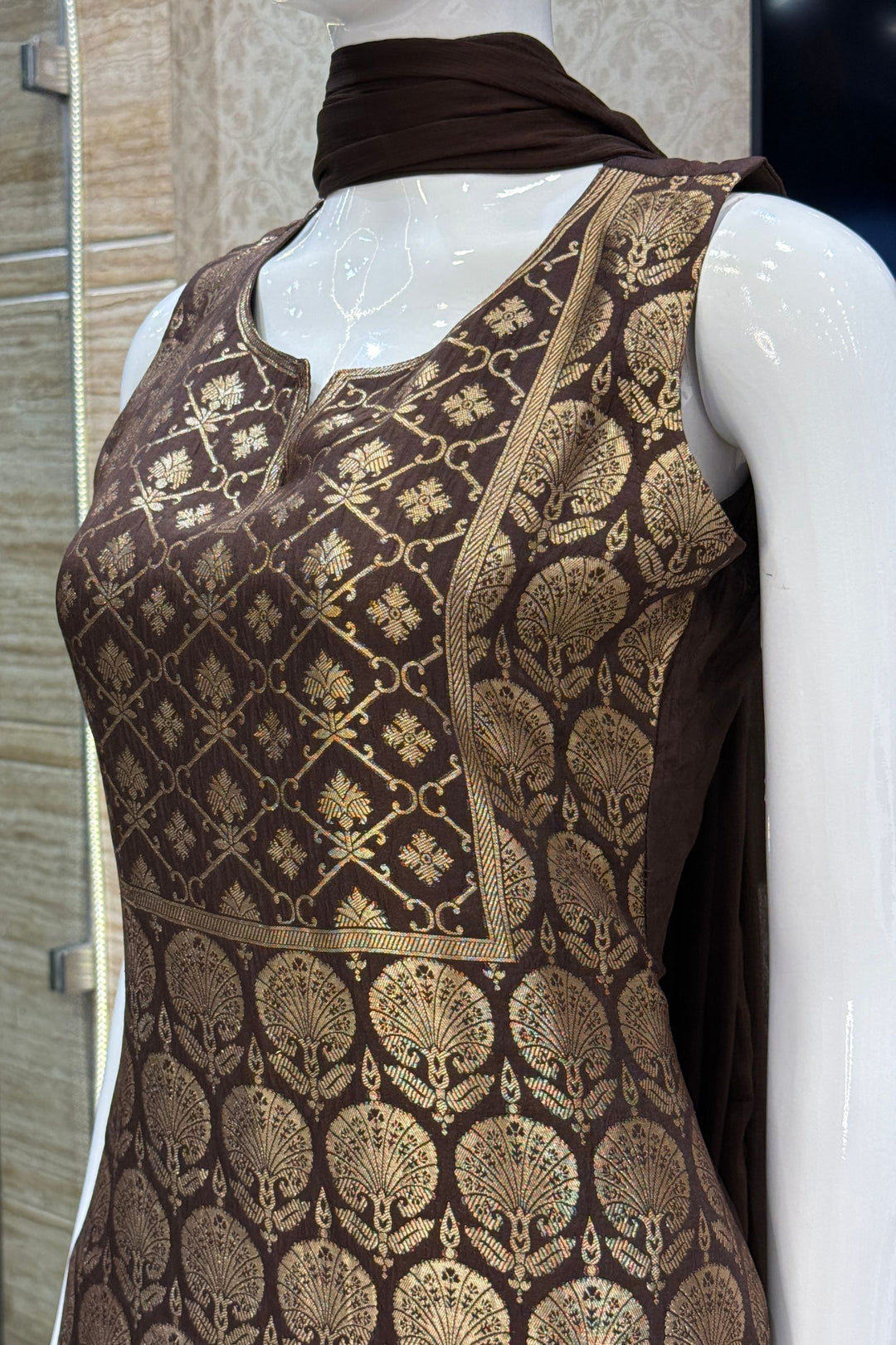 Brown Banaras work Straight Cut Salwar Suit