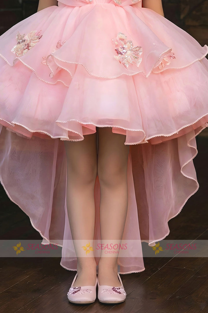 Baby Pink Sequins and Beads work Tail Cut Double Layered Partywear Frock for Girls
