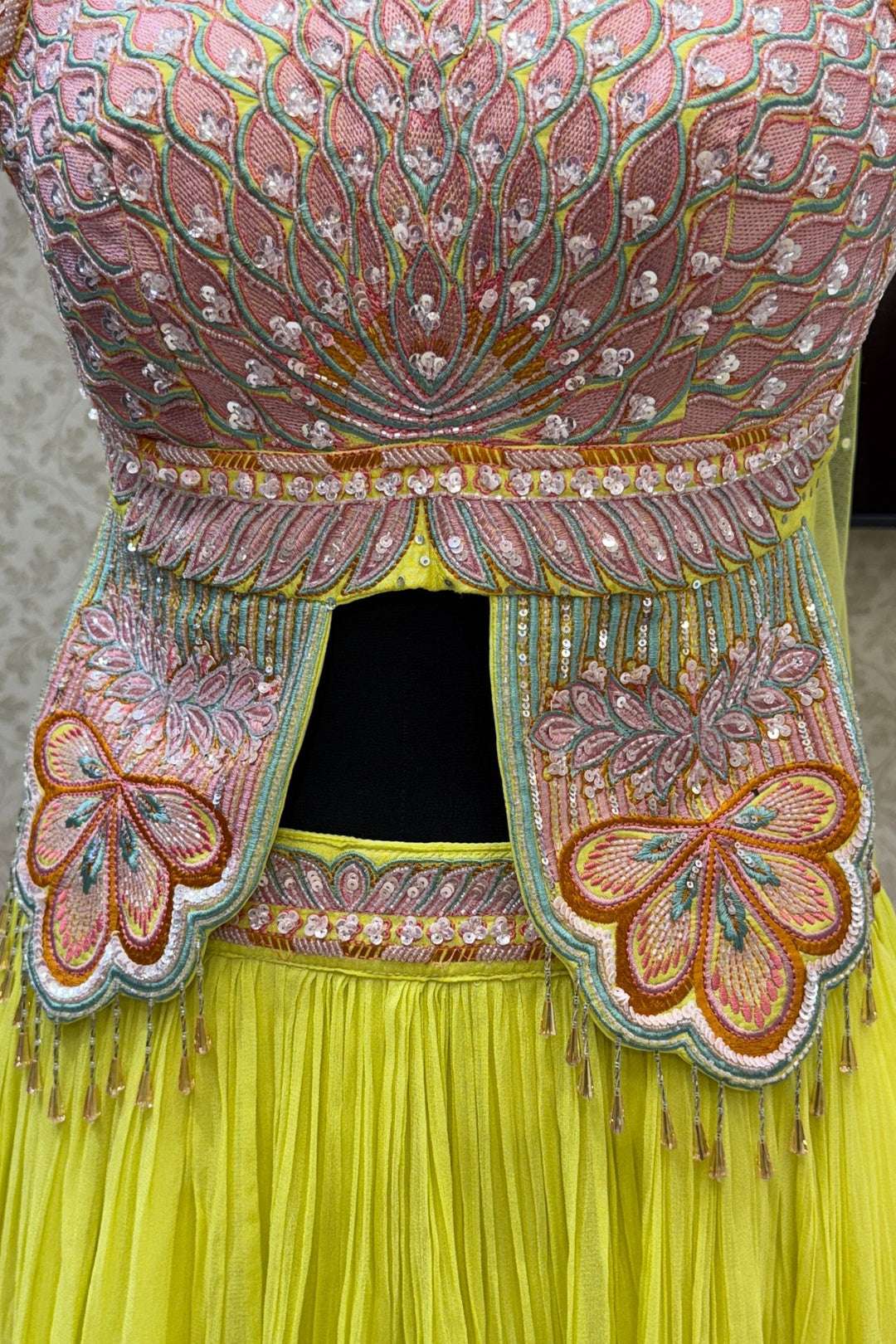 Lemon Yellow Multicolor Embroidery, Sequins and Beads work Crop Top Lehenga