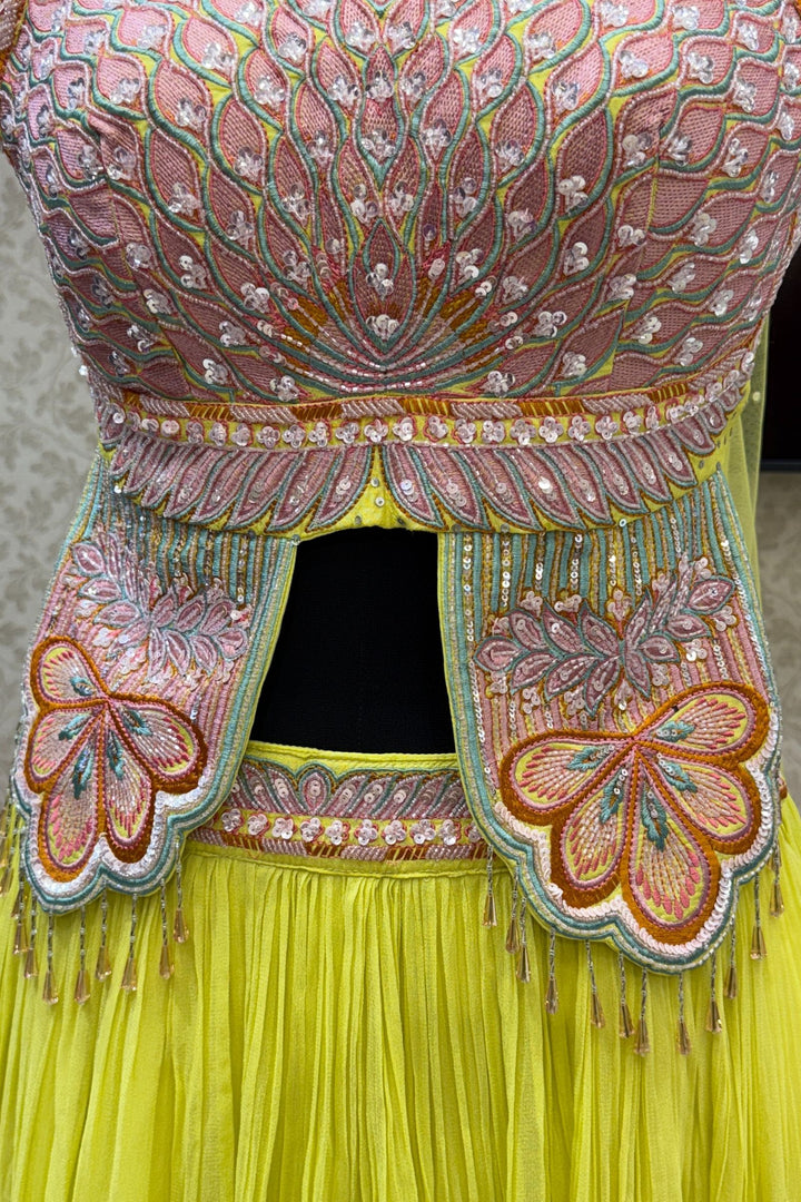 Lemon Yellow Multicolor Embroidery, Sequins and Beads work Crop Top Lehenga