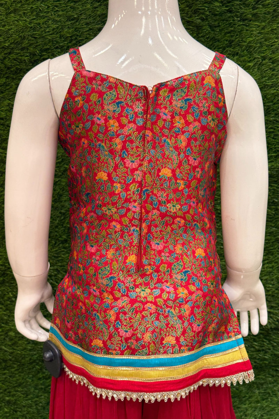 Red Zari, Stone and Zardozi work with Digital Print Palazzo Suit Set for Girls