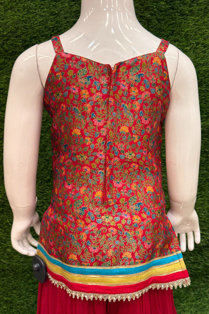 Red Zari, Stone and Zardozi work with Digital Print Palazzo Suit Set for Girls