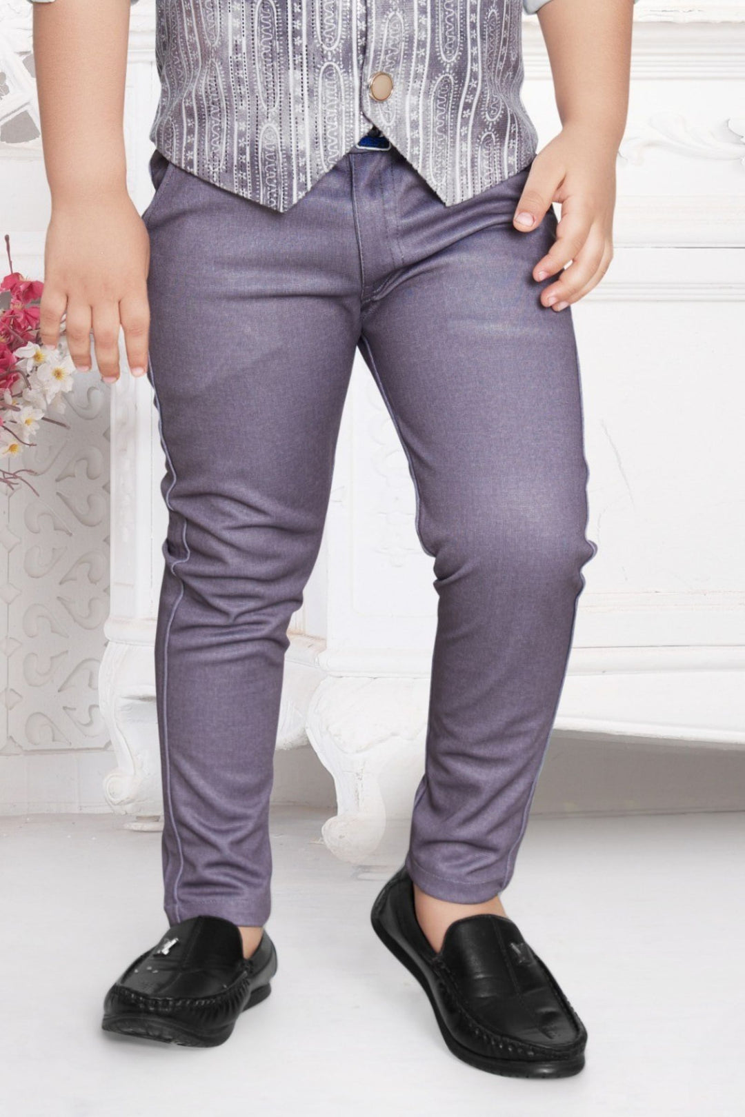 White with Light Purple Printed Waist Coat, Shirt and Suspender Style Pant Set for Boys