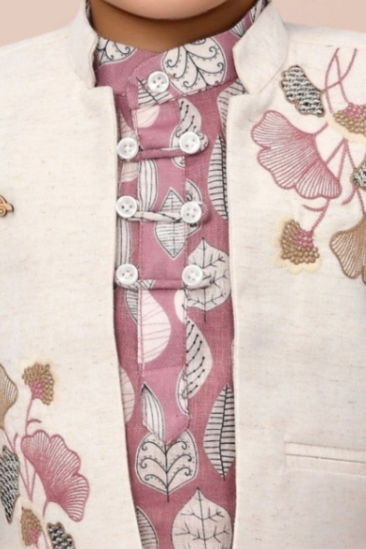 Onion Pink Printed Kurta with Half White Waistcoat for Boys
