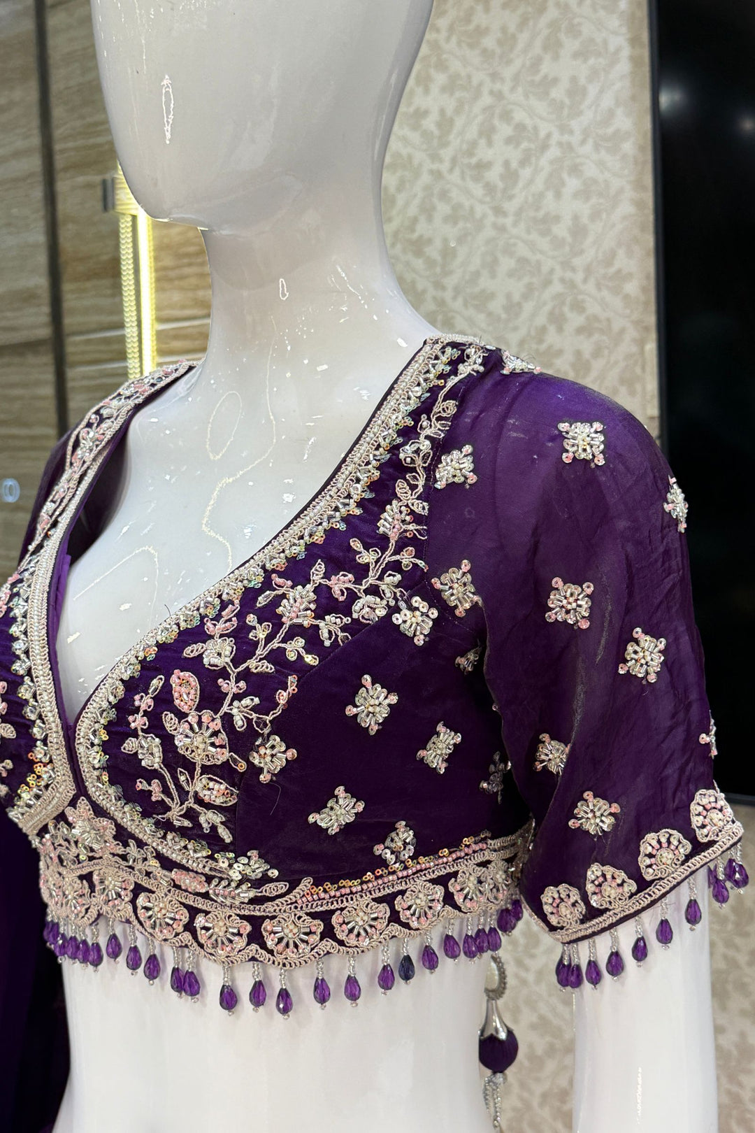 Purple Beads, Zari, Thread and Sequins work Crop Top Bridal Lehenga