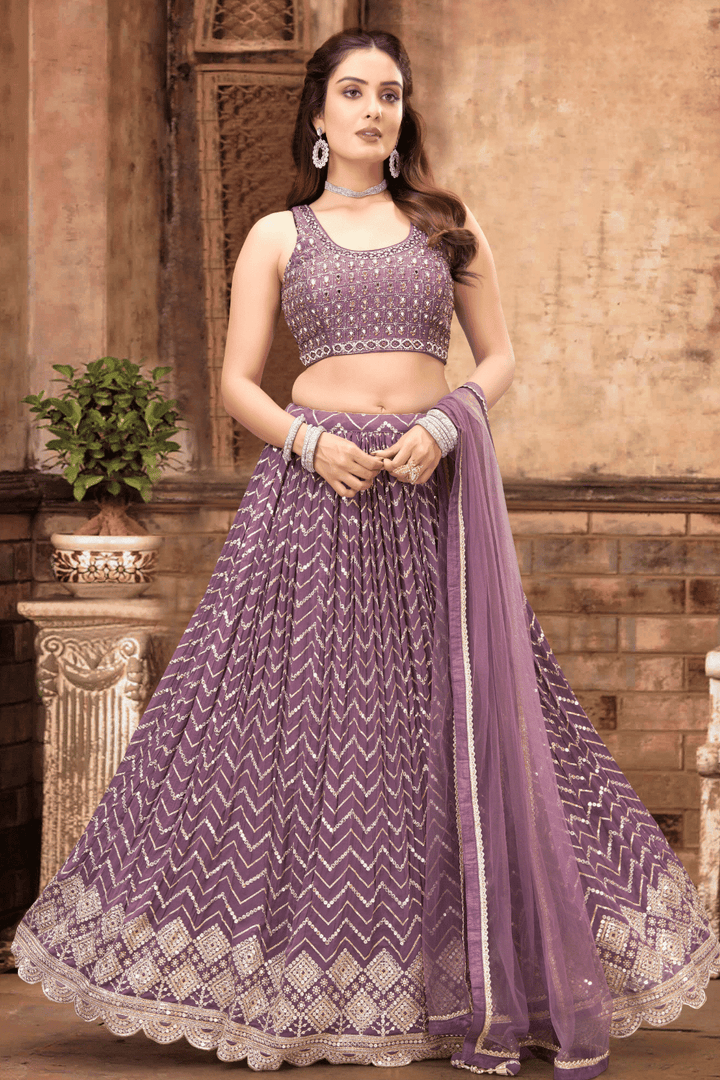 Light Purple Mirror, Beads, Stone, Kundan, Sequins and Zari work Crop Top Lehenga - Seasons Chennai