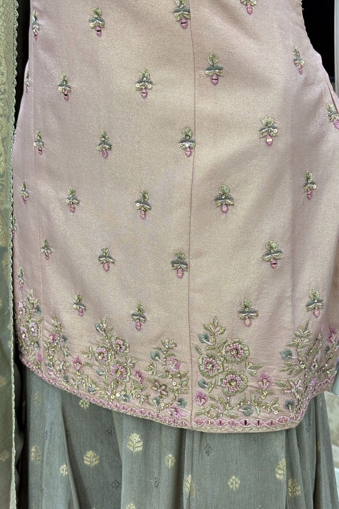 Baby Pink with Grey Mirror, Sequins, Beads, Zari, Stone and Banaras work Palazzo Salwar Suit