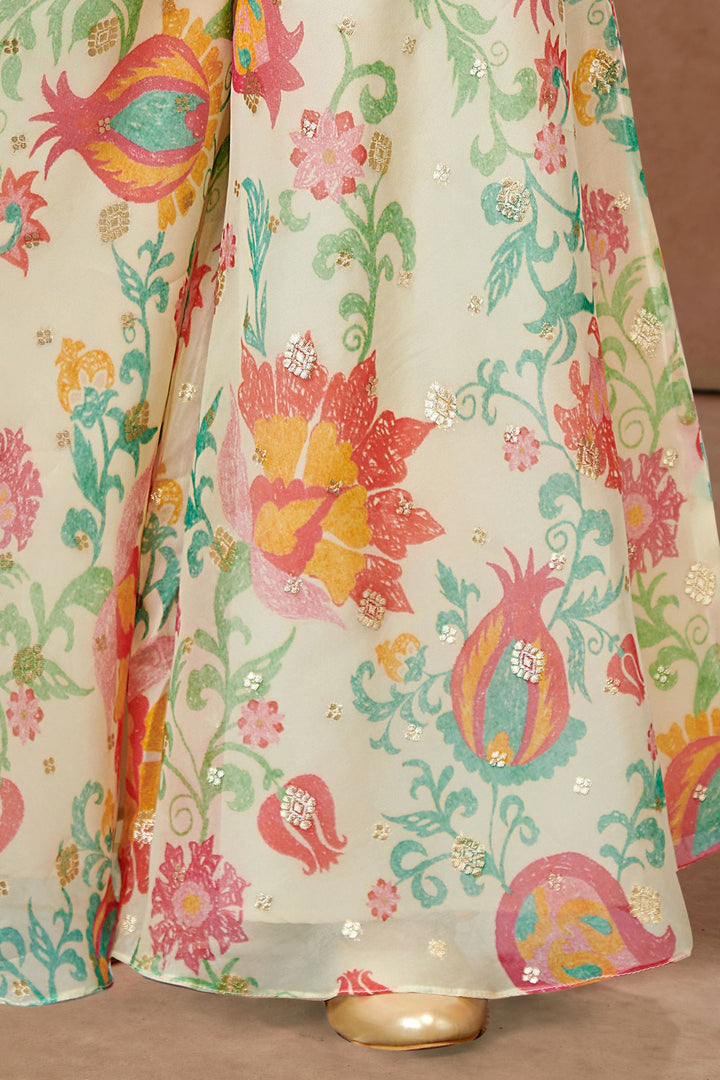 Light Yellow Zardozi and Mirror work with Multicolor Digital Print Palazzo Suit Set for Girls