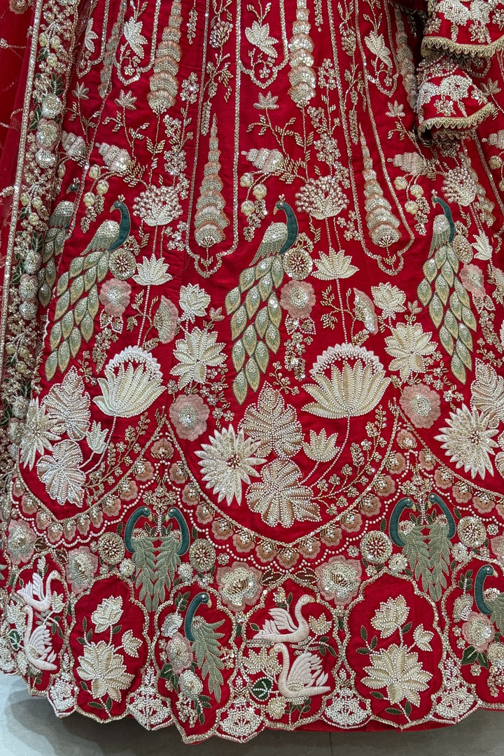 Red Beads, Embroidery, Zari, Sequins and Zardozi work Crop Top Designer Bridal Lehenga