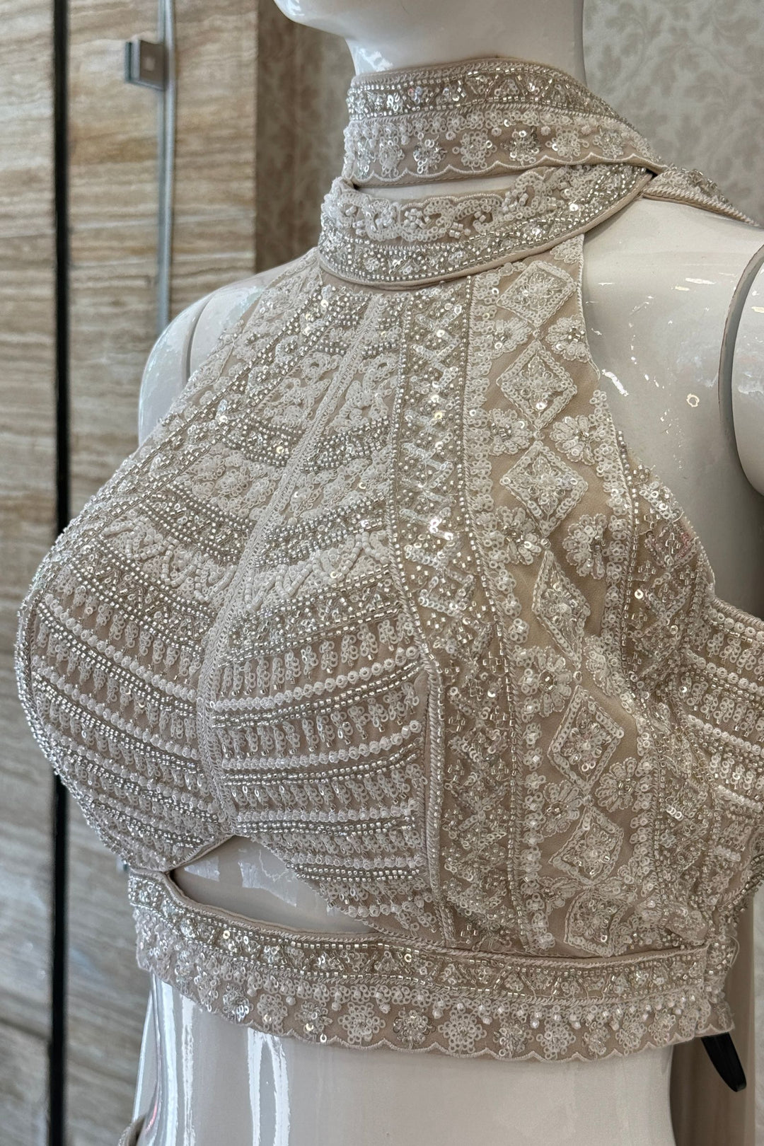 Beige Beads, Sequins and Thread work Halter Neck Palazzo Set