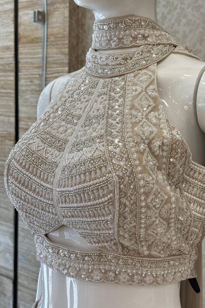Beige Beads, Sequins and Thread work Halter Neck Palazzo Set