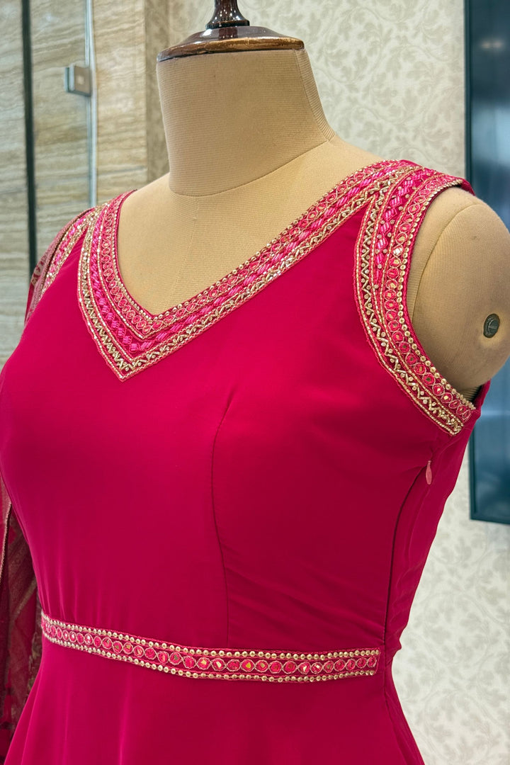 Rani Pink Beads and Sequins work Anarkali Gown with Traditional Banaras work Dupatta