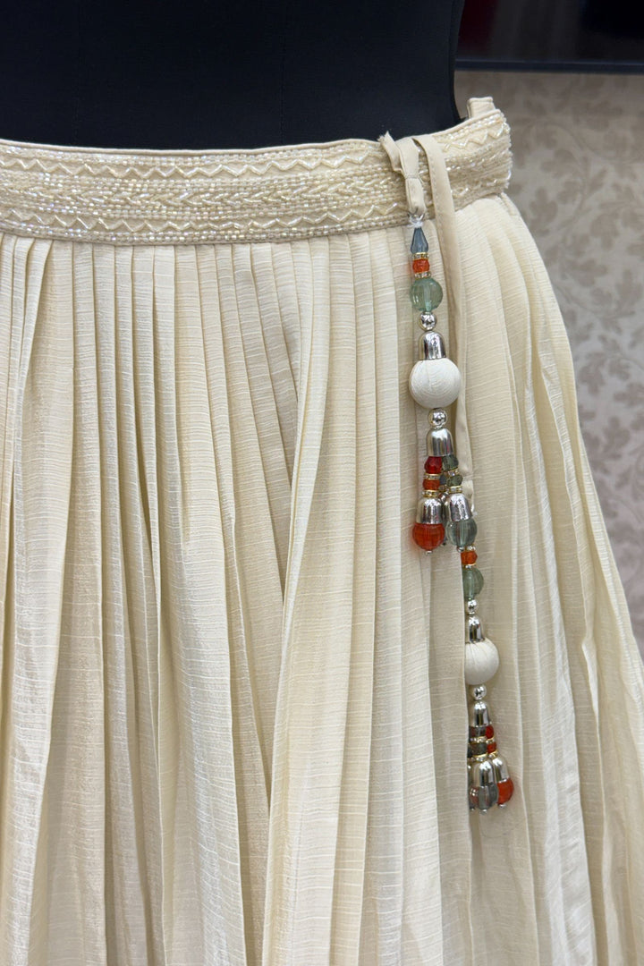 Cream Multicolor Thread, Beads, Zari Thread and Sequins work Crop Top Lehenga