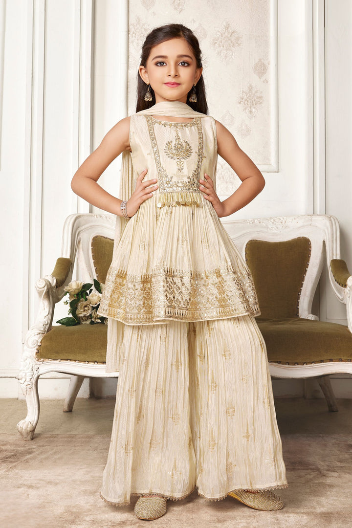 Sandal Gota Patti, Zardozi, Beads and Zari work Peplum Top and Sharara Set for Girls