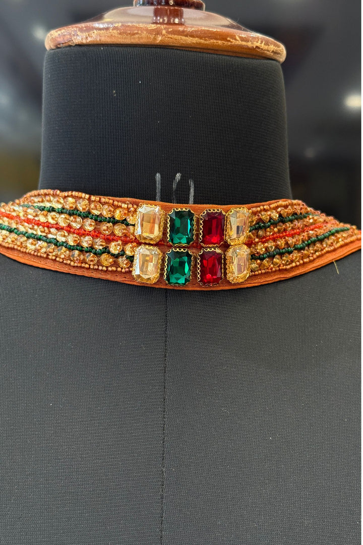 Rust Stone, Beads and Sequins work Crop Top Lehenga